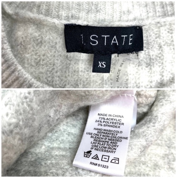 1 State Ruffle Balloon Sleeve Crewneck Rib Sweater Silver in light Gray New - Picture 6 of 8